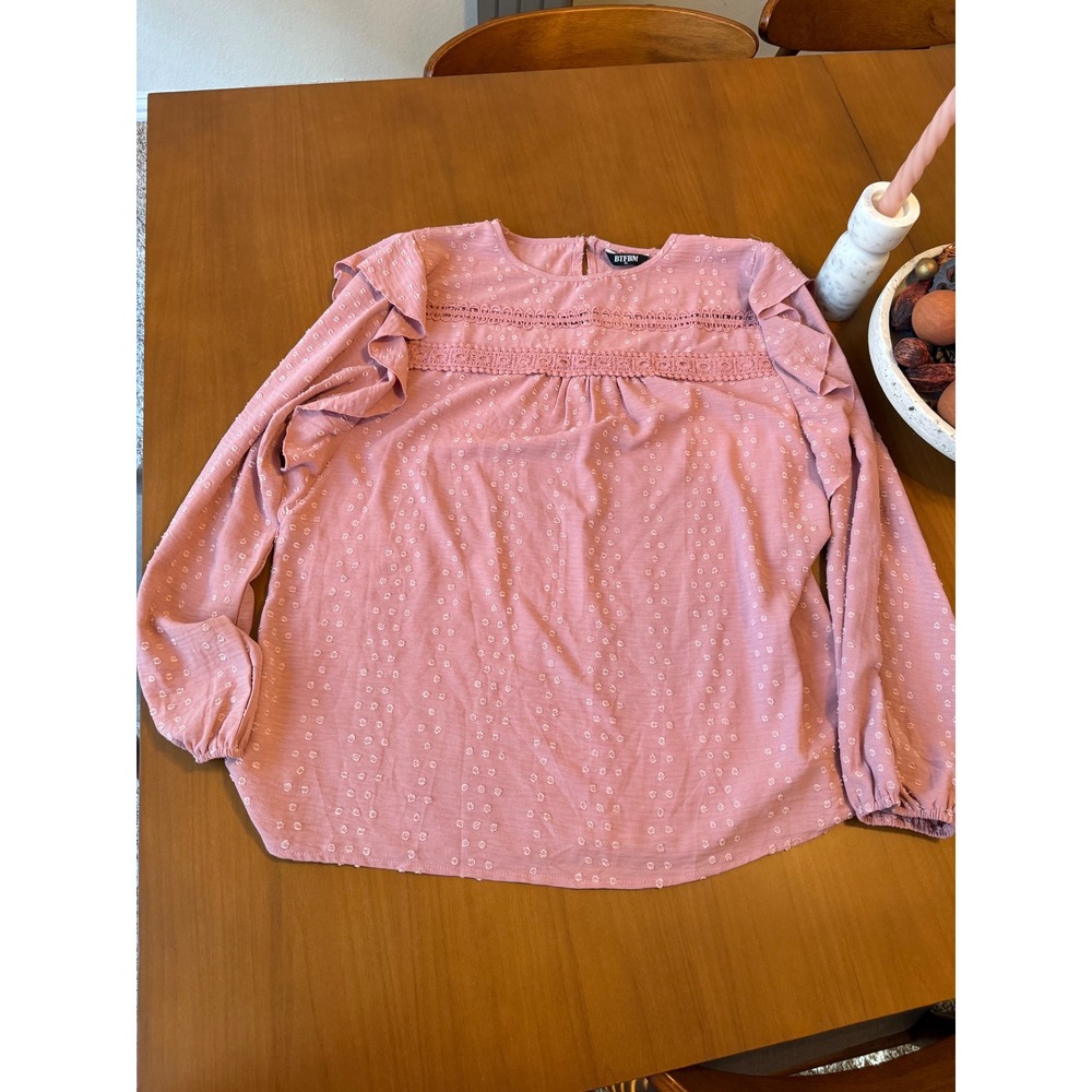 NWT Womens Long Sleeve Blouse Ruffle Accents Pink Textured Casual Top XL